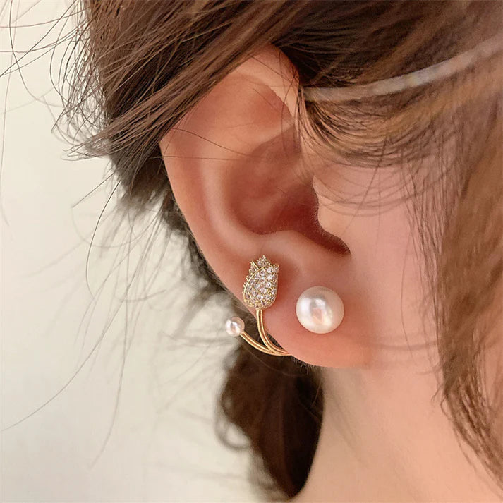 Premium Korean Crystal Tulip Pearl Front-Back Earrings