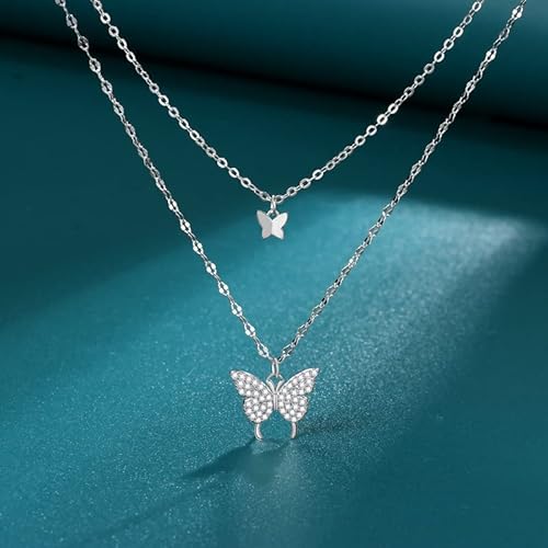 Trendy Double Layer Silver Butterfly Pendant Necklace