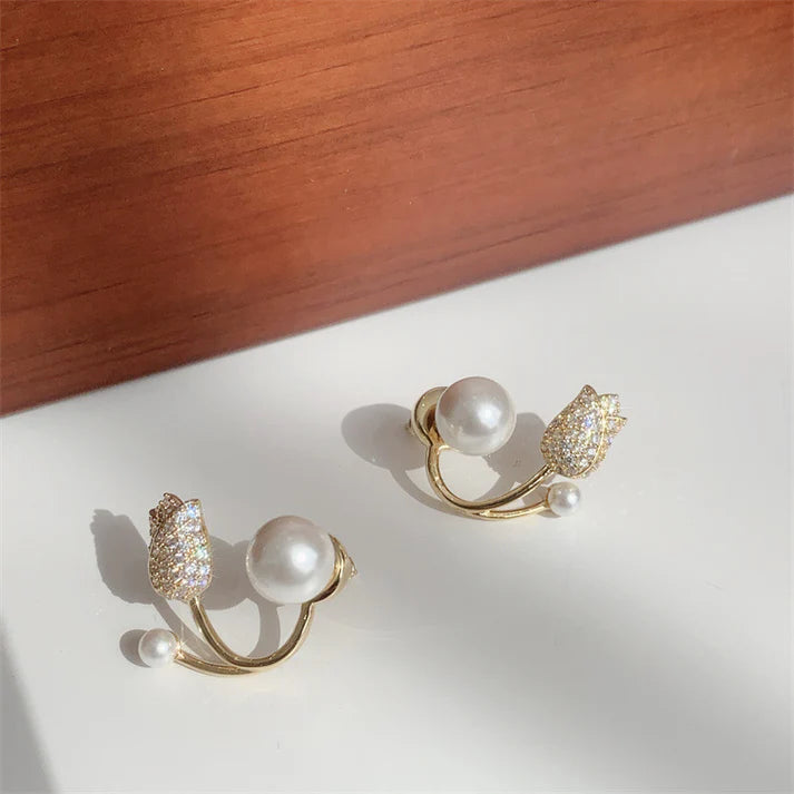 Premium Korean Crystal Tulip Pearl Front-Back Earrings
