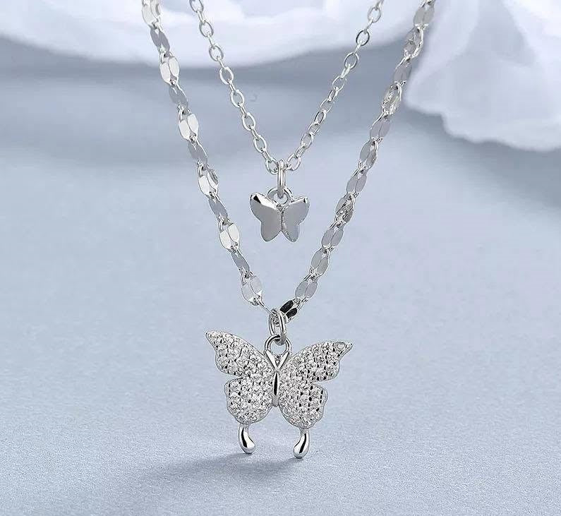 Trendy Double Layer Silver Butterfly Pendant Necklace