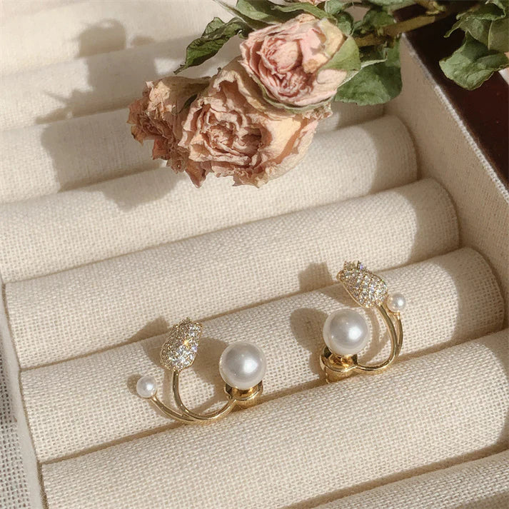 Premium Korean Crystal Tulip Pearl Front-Back Earrings