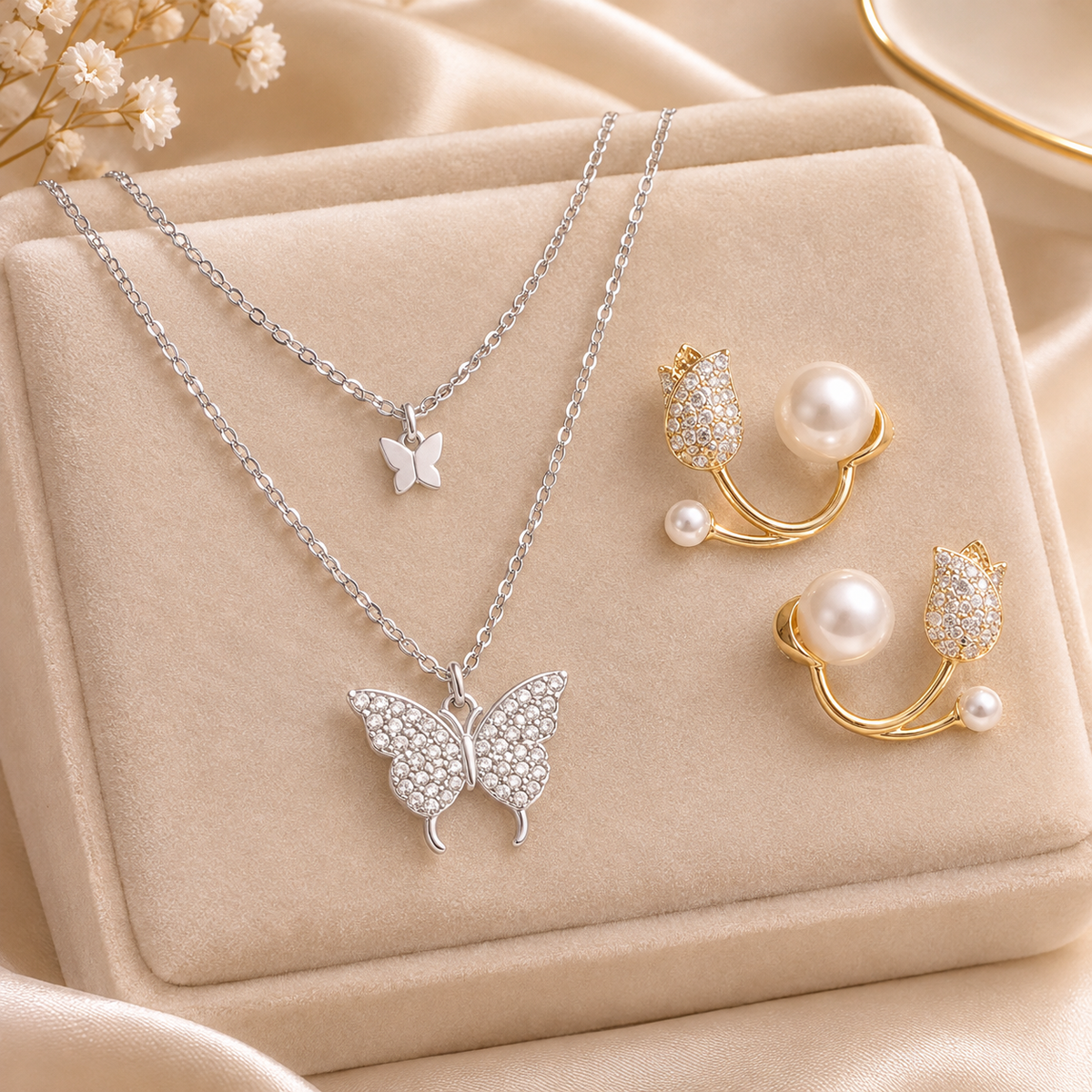 2-Piece Luxury Korean Jewelry Set (Butterfly Necklace + Tulip Earrings)