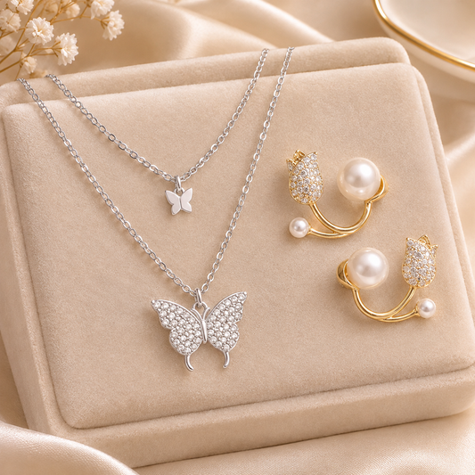 2-Piece Luxury Korean Jewelry Set (Butterfly Necklace + Tulip Earrings)