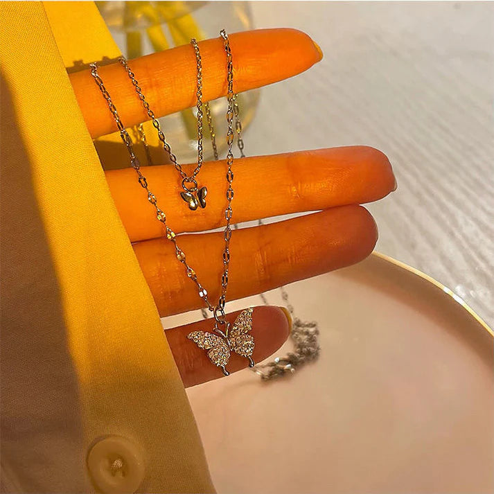 Trendy Double Layer Silver Butterfly Pendant Necklace