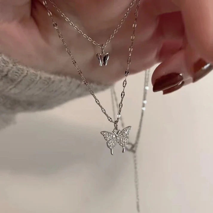 Trendy Double Layer Silver Butterfly Pendant Necklace