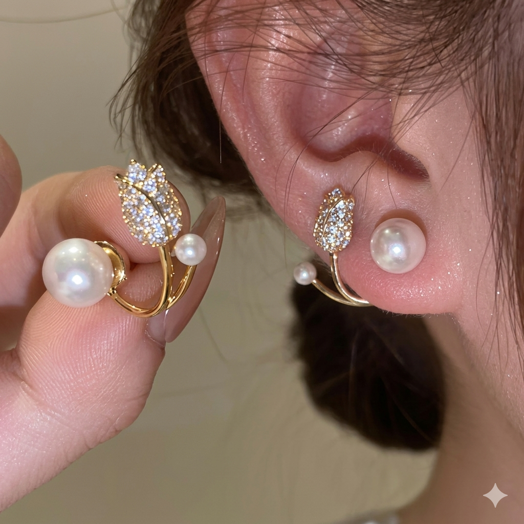 Premium Korean Crystal Tulip Pearl Front-Back Earrings