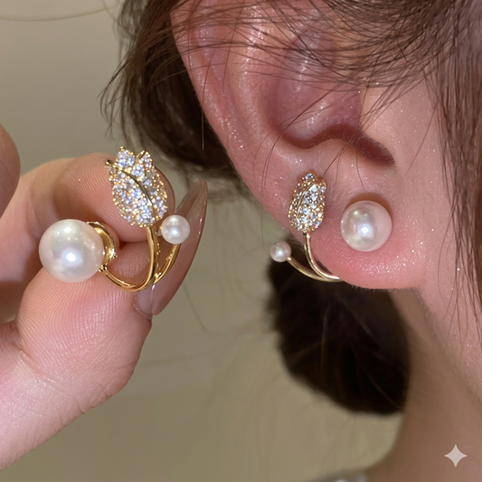 Premium Korean Crystal Tulip Pearl Front-Back Earrings