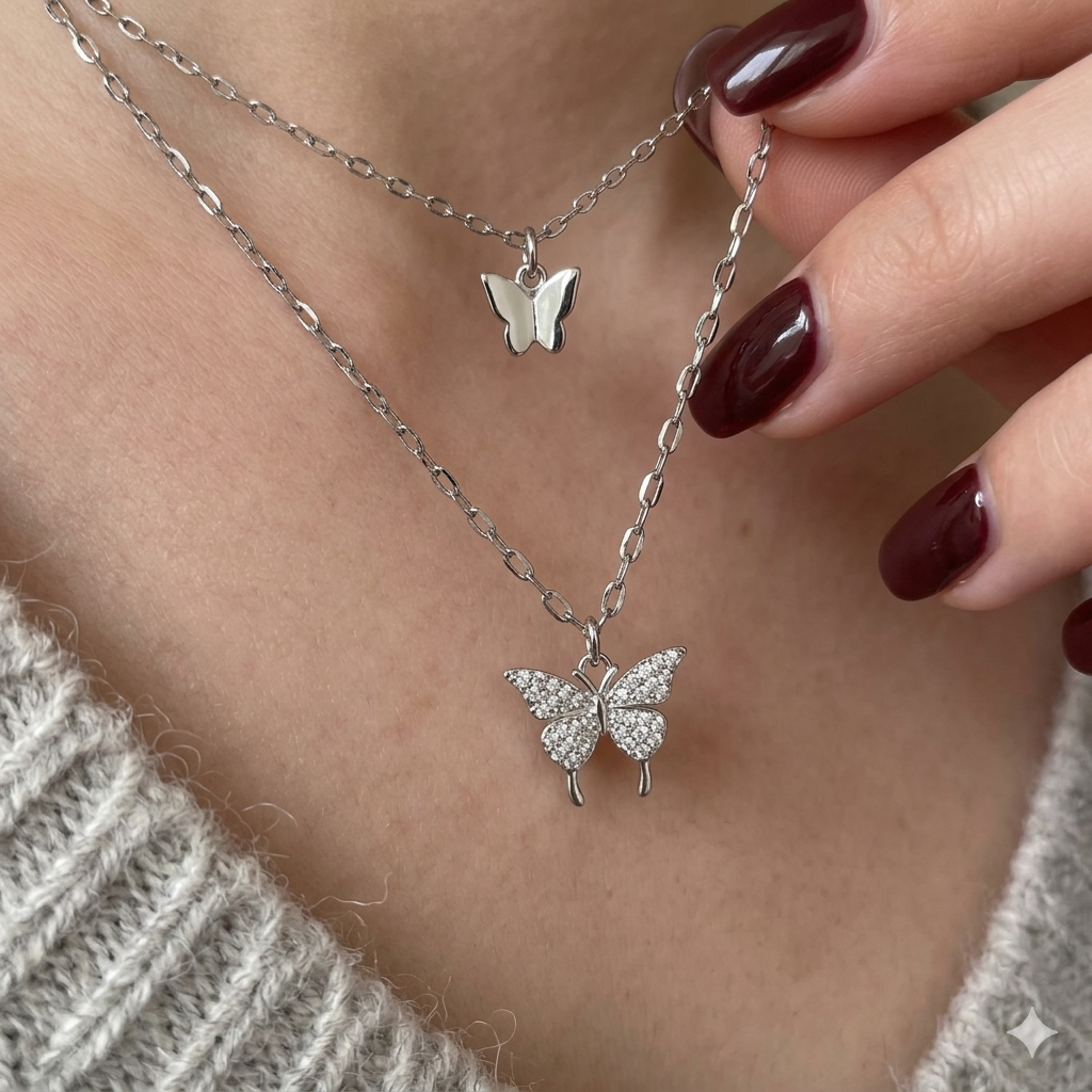 Trendy Double Layer Silver Butterfly Pendant Necklace