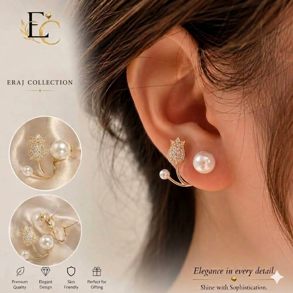 Premium Korean Crystal Tulip Pearl Front-Back Earrings